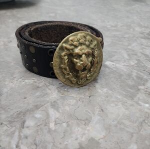 Dark Brown UNISEX Leather Belt With Vintage Brass  Lion Head Buckle.